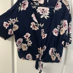Pink and Blue Floral Tie Front Crop Blouse